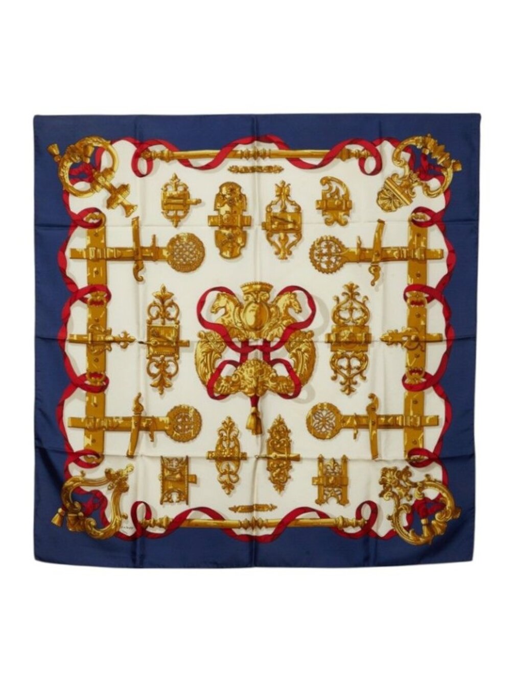 Hermes Carre 90 Ferronnerie Ironwork Scarf Large Navy Ivory Multicolor Silk